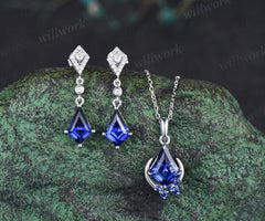 Kite cut blue sapphire moon earrings necklace set solid 9k 14k white gold bezel halo moissanite unique pendant Women anniversary gift
