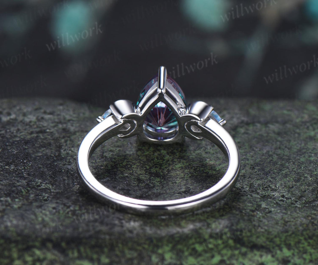 Pear fireworks cut alexandrite engagement ring 14k white gold three stone moon kite moonstone wedding ring women jewelry silver