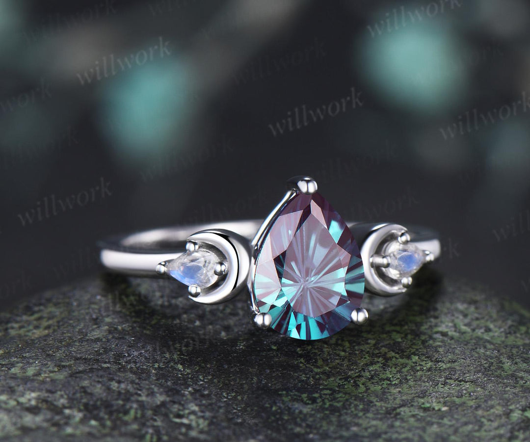 Pear fireworks cut alexandrite engagement ring 14k white gold three stone moon kite moonstone wedding ring women jewelry silver