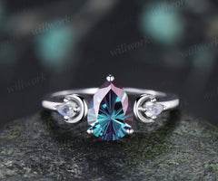 Pear fireworks cut alexandrite engagement ring 14k white gold three stone moon kite moonstone wedding ring women jewelry silver