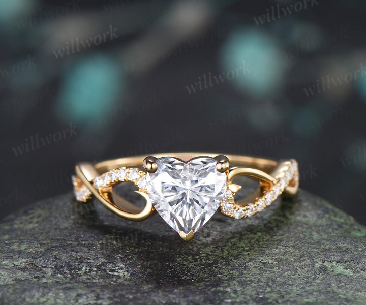 Heart moissanite engagement ring 14k yellow gold half eternity infinity diamond anniversary promise wedding ring women gift