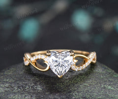 Heart moissanite engagement ring 14k yellow gold half eternity infinity diamond anniversary promise wedding ring women gift