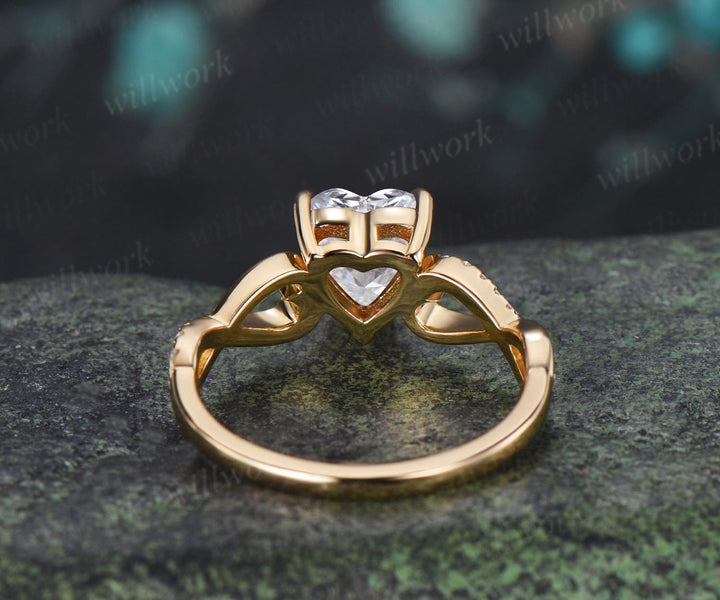 Heart moissanite engagement ring 14k yellow gold half eternity infinity diamond anniversary promise wedding ring women gift