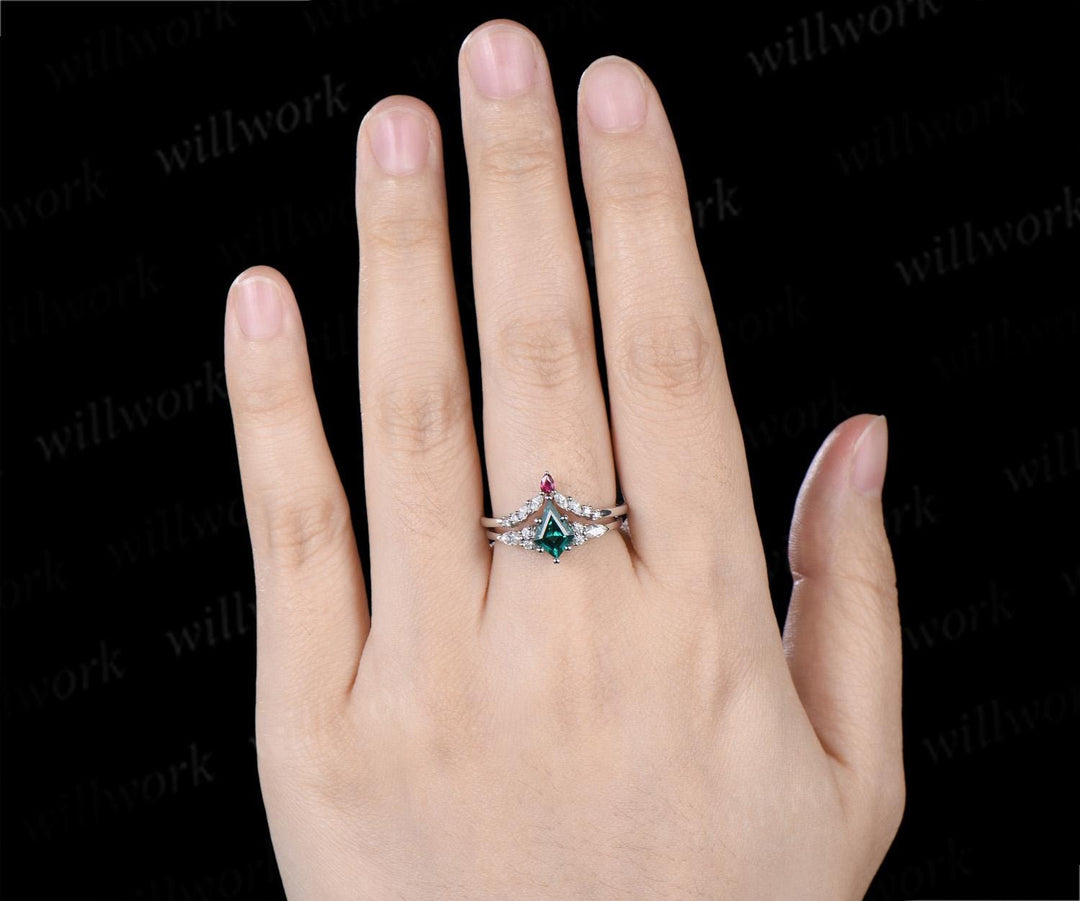 Curved pear ruby wedding band 14k white gold marquise moissanite bridal ring women stacking bridal anniversary ring women gift