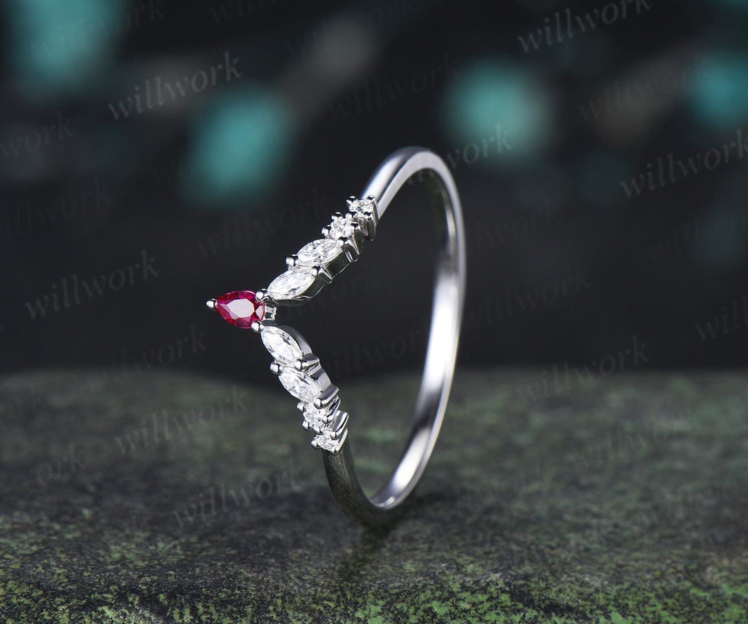 Curved pear ruby wedding band 14k white gold marquise moissanite bridal ring women stacking bridal anniversary ring women gift