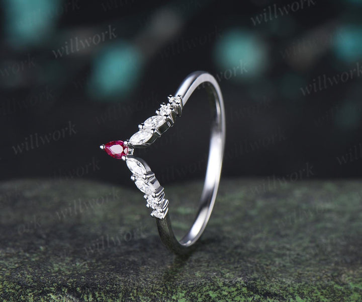 Curved pear ruby wedding band 14k white gold marquise moissanite bridal ring women stacking bridal anniversary ring women gift