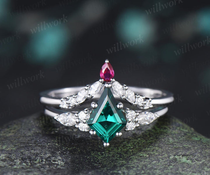 Curved pear ruby wedding band 14k white gold marquise moissanite bridal ring women stacking bridal anniversary ring women gift