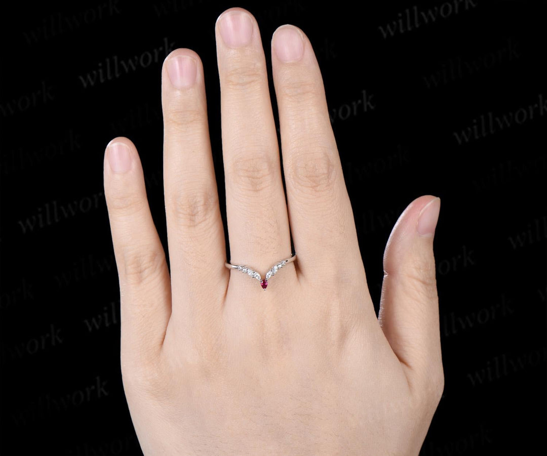 Curved pear ruby wedding band 14k white gold marquise moissanite bridal ring women stacking bridal anniversary ring women gift
