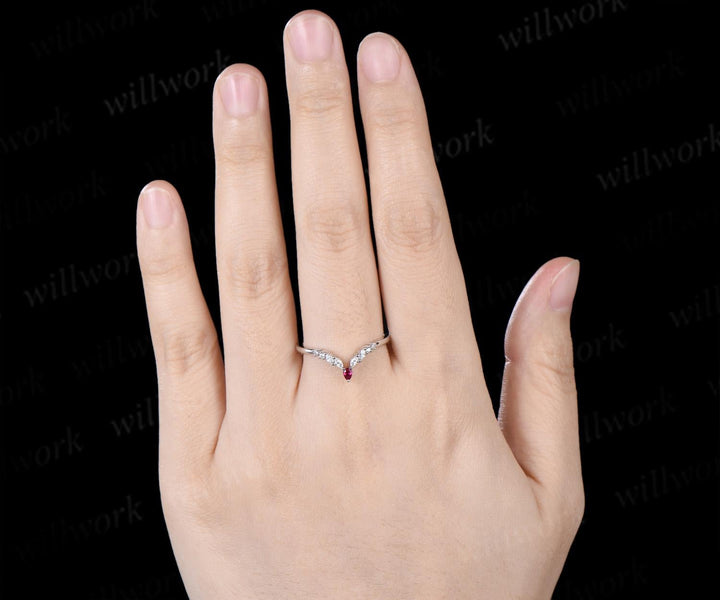 Curved pear ruby wedding band 14k white gold marquise moissanite bridal ring women stacking bridal anniversary ring women gift