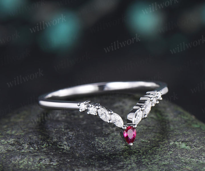 Curved pear ruby wedding band 14k white gold marquise moissanite bridal ring women stacking bridal anniversary ring women gift