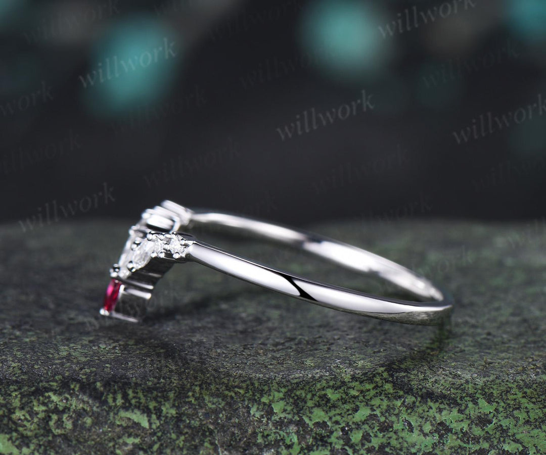 Curved pear ruby wedding band 14k white gold marquise moissanite bridal ring women stacking bridal anniversary ring women gift