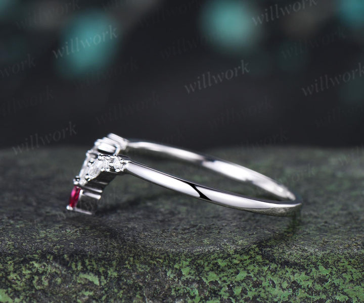 Curved pear ruby wedding band 14k white gold marquise moissanite bridal ring women stacking bridal anniversary ring women gift