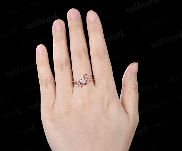 Unique kite cut white opal engagement ring twig leaf diamond amethyst wedding band enhancer anniversary ring women gift