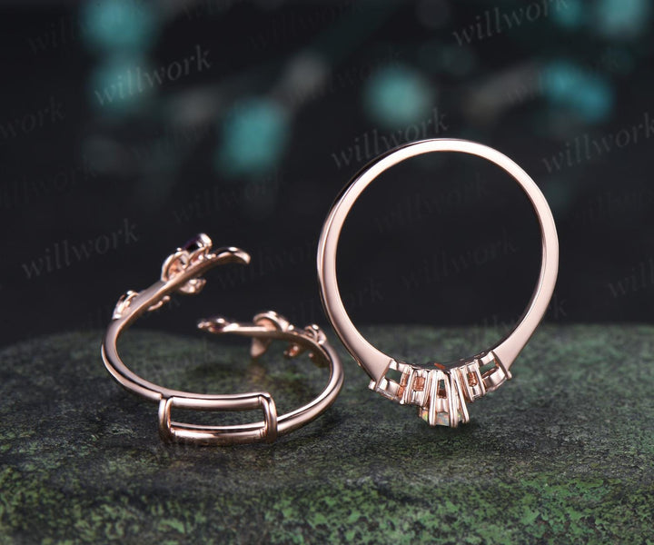Unique kite cut white opal engagement ring twig leaf diamond amethyst wedding band enhancer anniversary ring women gift
