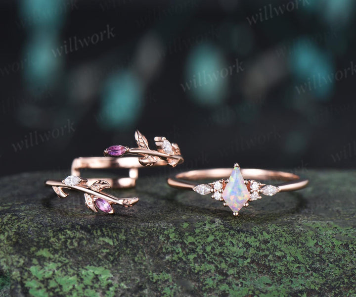 Unique kite cut white opal engagement ring twig leaf diamond amethyst wedding band enhancer anniversary ring women gift