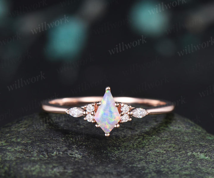 Unique kite cut white opal engagement ring twig leaf diamond amethyst wedding band enhancer anniversary ring women gift