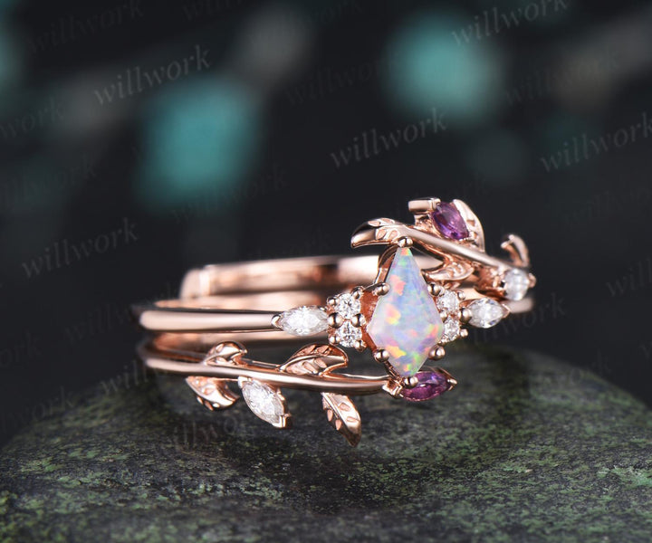 Unique kite cut white opal engagement ring twig leaf diamond amethyst wedding band enhancer anniversary ring women gift