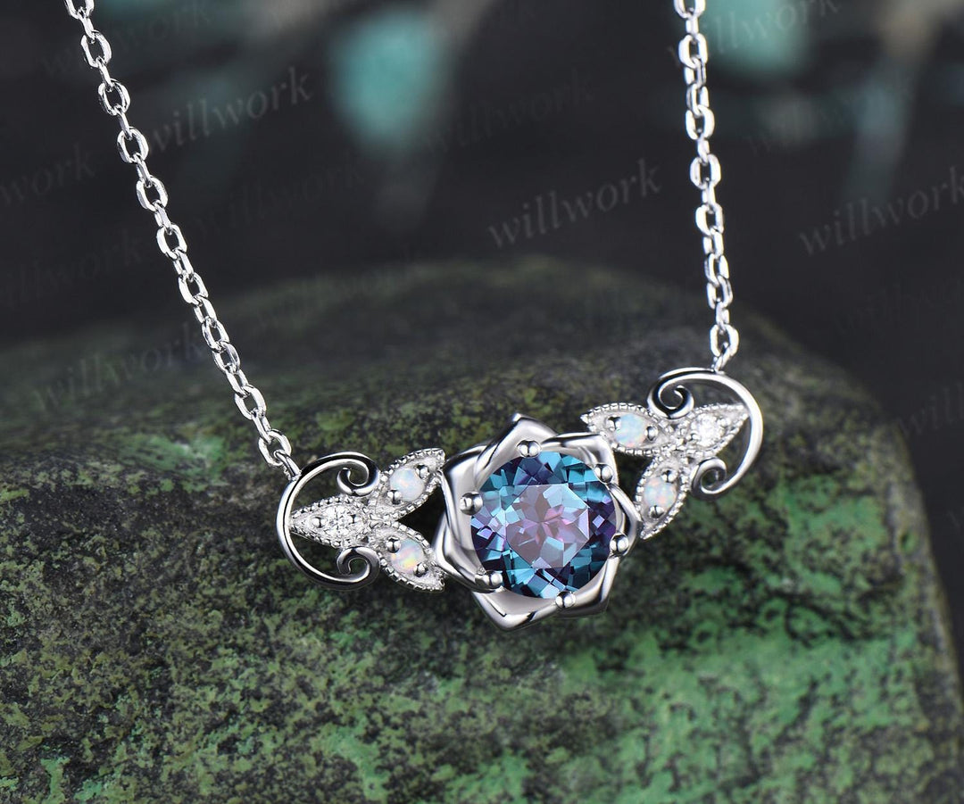 Round cut alexandrite floral earrings necklace set solid 9k 14k white gold butterfly opal unique pendant women anniversary gift jewelry