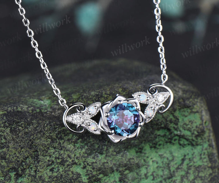 Round cut alexandrite floral earrings necklace set solid 9k 14k white gold butterfly opal unique pendant women anniversary gift jewelry