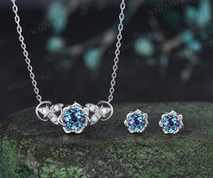 Round cut alexandrite floral earrings necklace set solid 9k 14k white gold butterfly opal unique pendant women anniversary gift jewelry