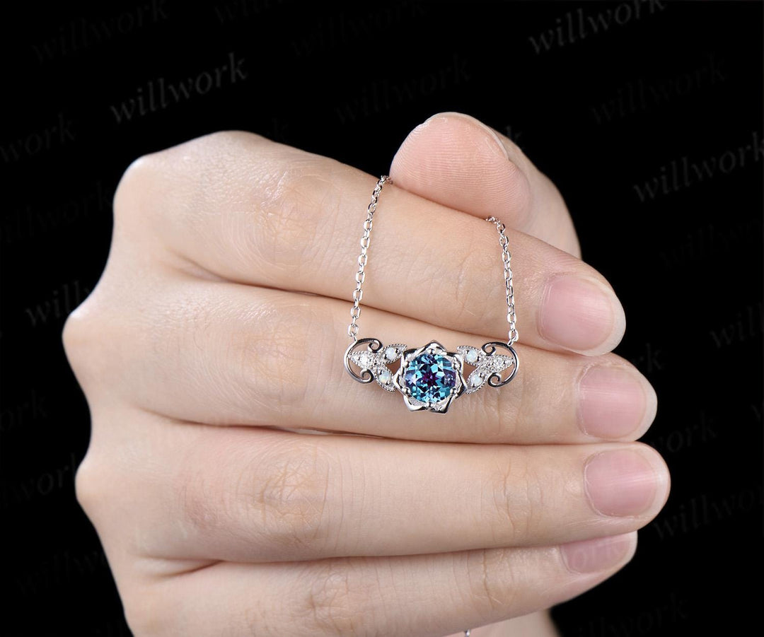 Round cut alexandrite floral earrings necklace set solid 9k 14k white gold butterfly opal unique pendant women anniversary gift jewelry