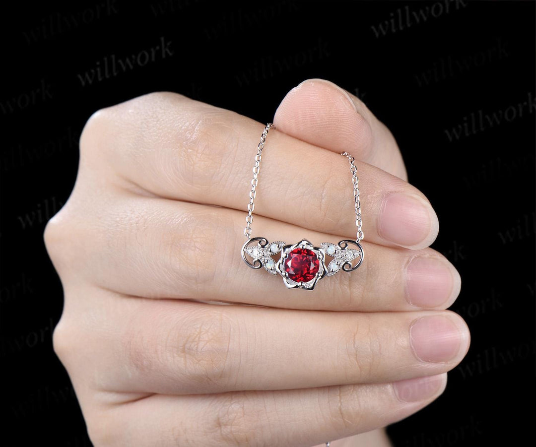 Round cut red ruby floral earrings necklace set solid 9k 14k white gold butterfly opal unique pendant women anniversary gift jewelry