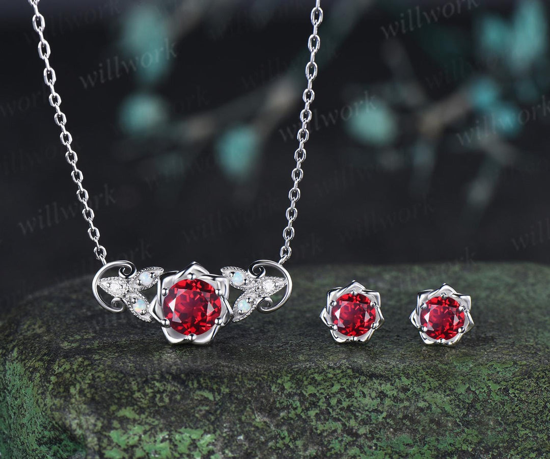 Round cut red ruby floral earrings necklace set solid 9k 14k white gold butterfly opal unique pendant women anniversary gift jewelry