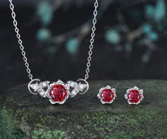Round cut red ruby floral earrings necklace set solid 9k 14k white gold butterfly opal unique pendant women anniversary gift jewelry