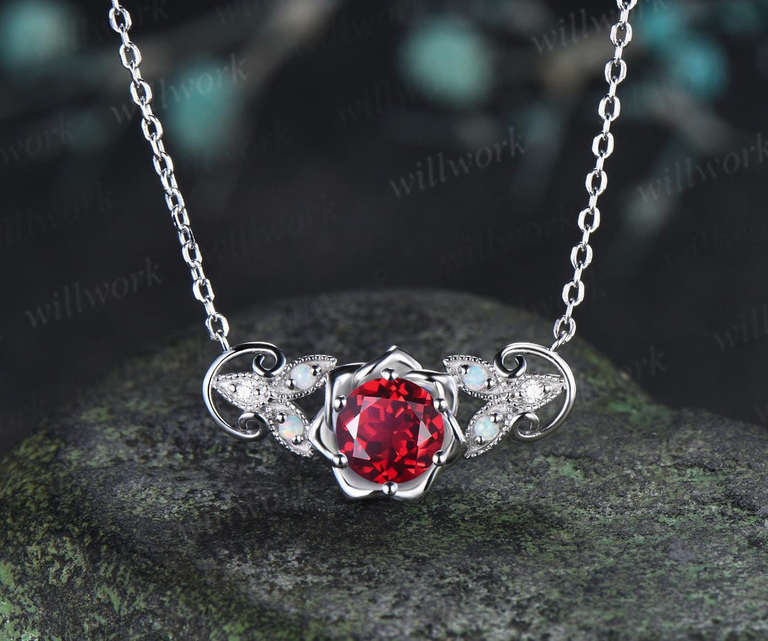 Round cut red ruby floral earrings necklace set solid 9k 14k white gold butterfly opal unique pendant women anniversary gift jewelry