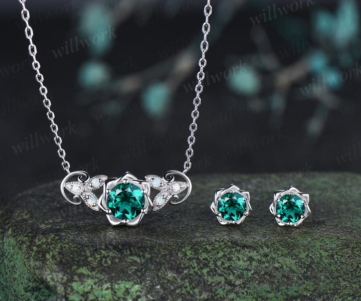 Round cut emerald floral earrings necklace set solid 9k 14k white gold butterfly opal unique pendant women anniversary gift jewelry