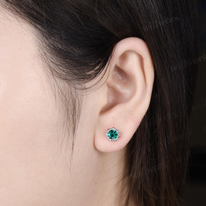 Round cut emerald floral earrings necklace set solid 9k 14k white gold butterfly opal unique pendant women anniversary gift jewelry