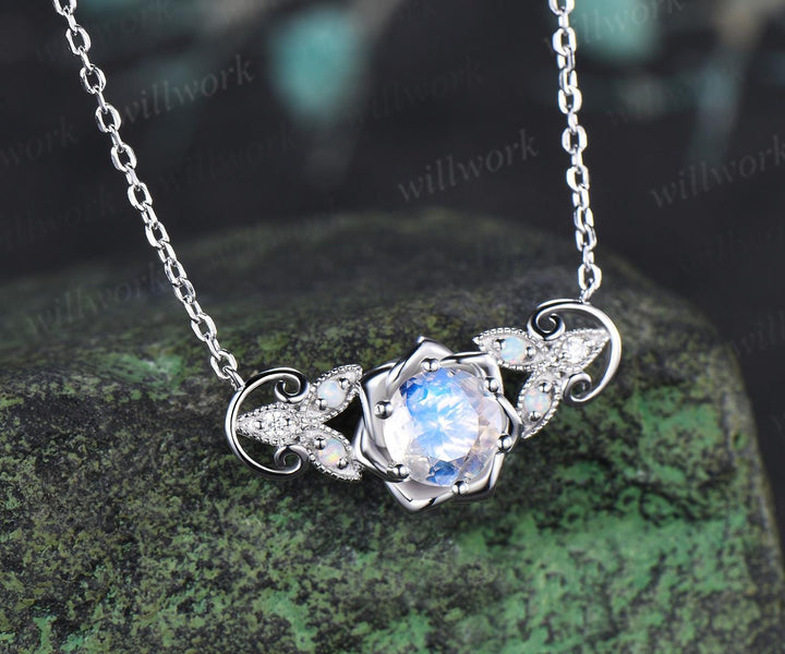 Round cut moonstone floral earrings necklace set solid 9k 14k white gold butterfly opal unique pendant women anniversary gift jewelry