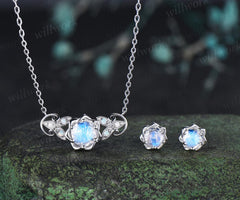 Round cut moonstone floral earrings necklace set solid 9k 14k white gold butterfly opal unique pendant women anniversary gift jewelry