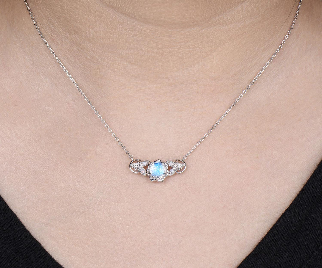 Round cut moonstone floral earrings necklace set solid 9k 14k white gold butterfly opal unique pendant women anniversary gift jewelry