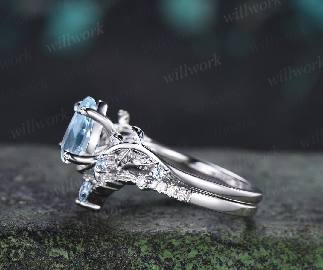 Teardrop pear aquamarine ring vintage white gold leaf nature inspired engagement ring set art deco bridal set women jewelry silver