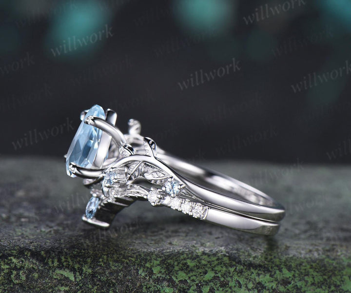 Teardrop pear aquamarine ring vintage white gold leaf nature inspired engagement ring set art deco bridal set women jewelry silver