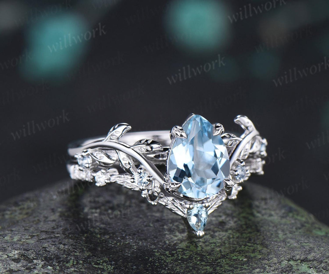 Teardrop pear aquamarine ring vintage white gold leaf nature inspired engagement ring set art deco bridal set women jewelry silver
