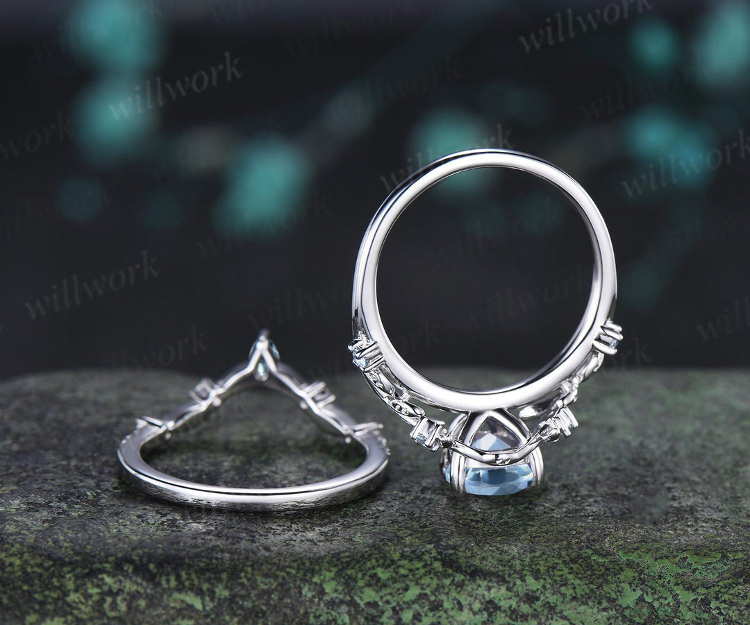 Teardrop pear aquamarine ring vintage white gold leaf nature inspired engagement ring set art deco bridal set women jewelry silver