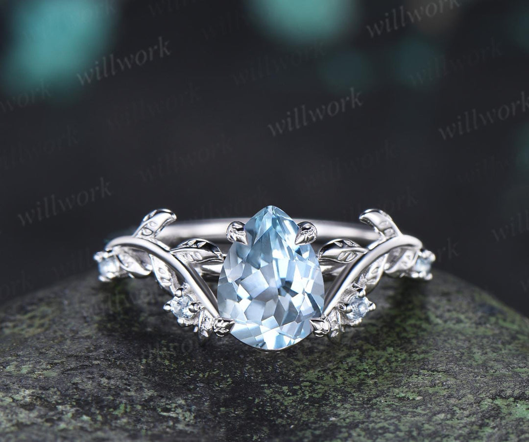 Teardrop pear aquamarine ring vintage white gold leaf nature inspired engagement ring set art deco bridal set women jewelry silver