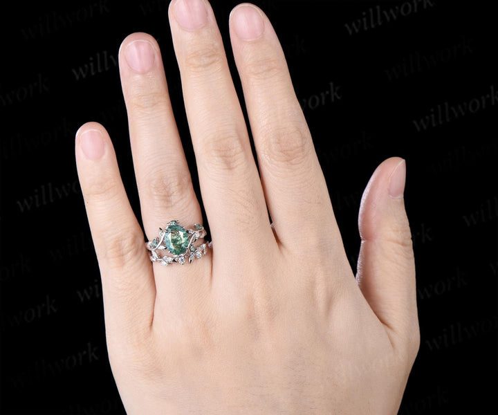 2ct oval cut moss agate ring vintage white gold leaf nature inspired wedding engagement ring set women handmade jewelry