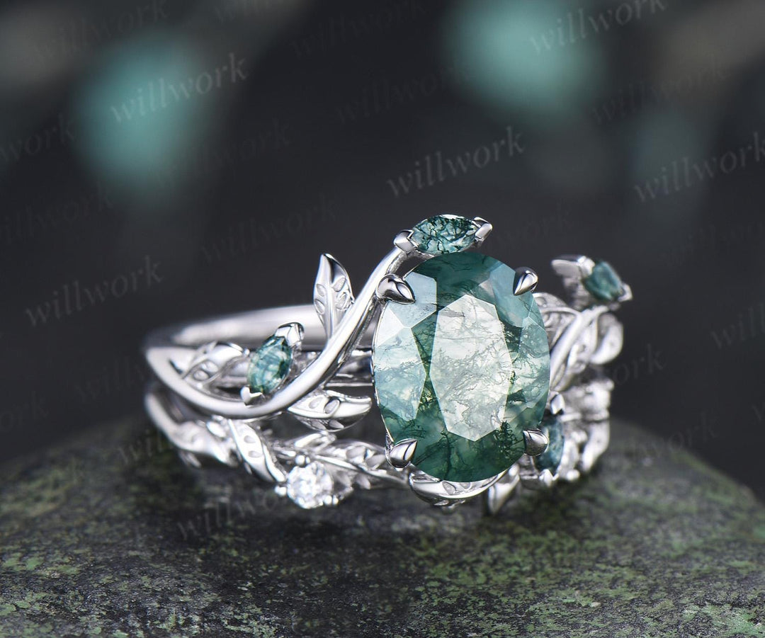 2ct oval cut moss agate ring vintage white gold leaf nature inspired wedding engagement ring set women handmade jewelry