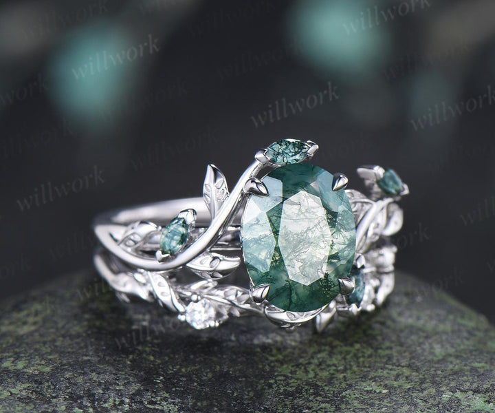 2ct oval cut moss agate ring vintage white gold leaf nature inspired wedding engagement ring set women handmade jewelry