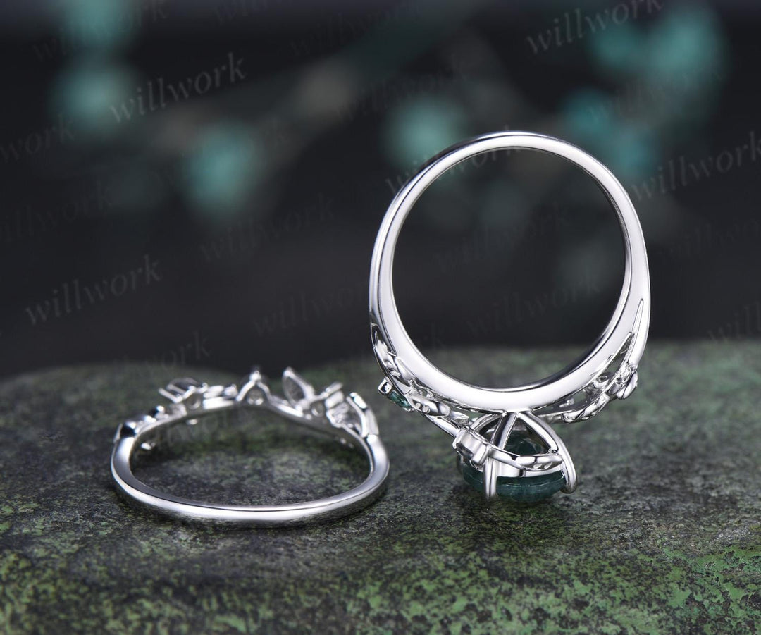 2ct oval cut moss agate ring vintage white gold leaf nature inspired wedding engagement ring set women handmade jewelry