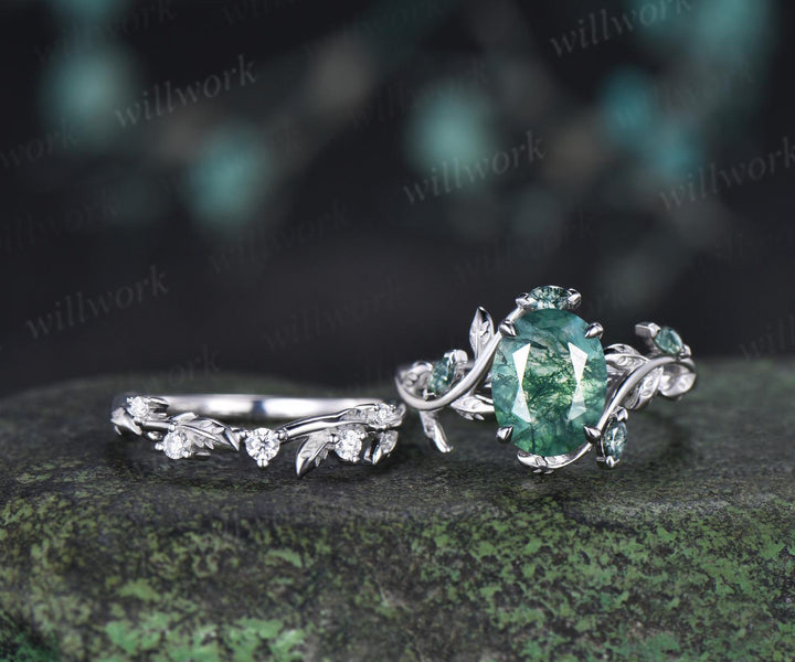 2ct oval cut moss agate ring vintage white gold leaf nature inspired wedding engagement ring set women handmade jewelry