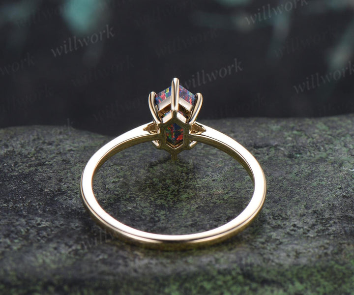 Long hexagon black opal engagement ring 14k yellow gold 6 prong minimalist solitaire promise wedding ring women gift silver