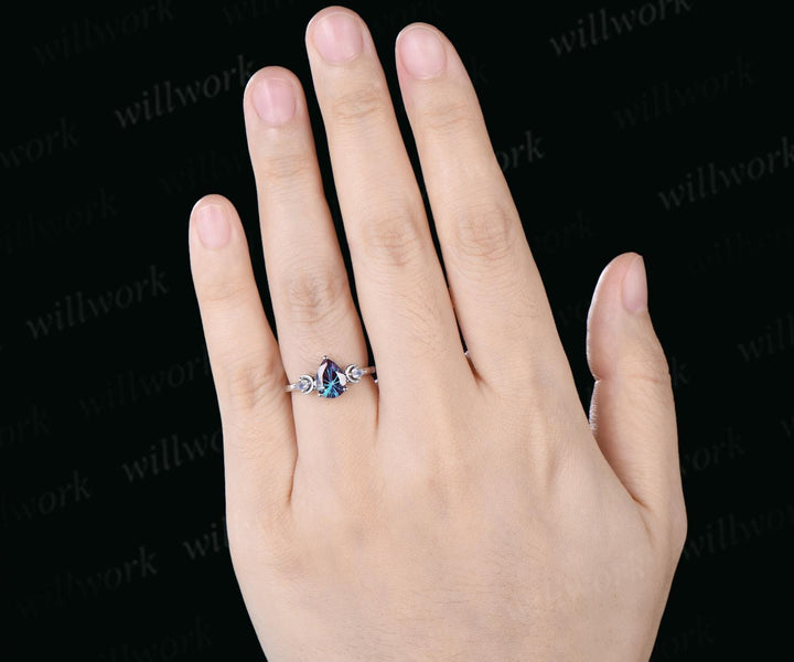 Pear fireworks cut alexandrite engagement ring 14k white gold three stone moon kite moonstone wedding ring women jewelry silver