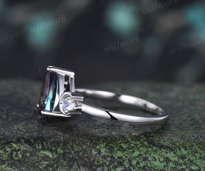 Pear fireworks cut alexandrite engagement ring 14k white gold three stone moon kite moonstone wedding ring women jewelry silver