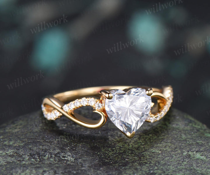 Heart moissanite engagement ring 14k yellow gold half eternity infinity diamond anniversary promise wedding ring women gift