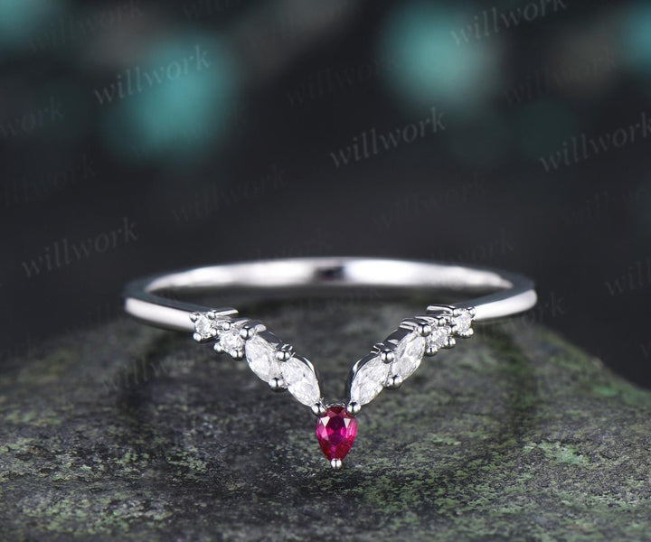 Curved pear ruby wedding band 14k white gold marquise moissanite bridal ring women stacking bridal anniversary ring women gift