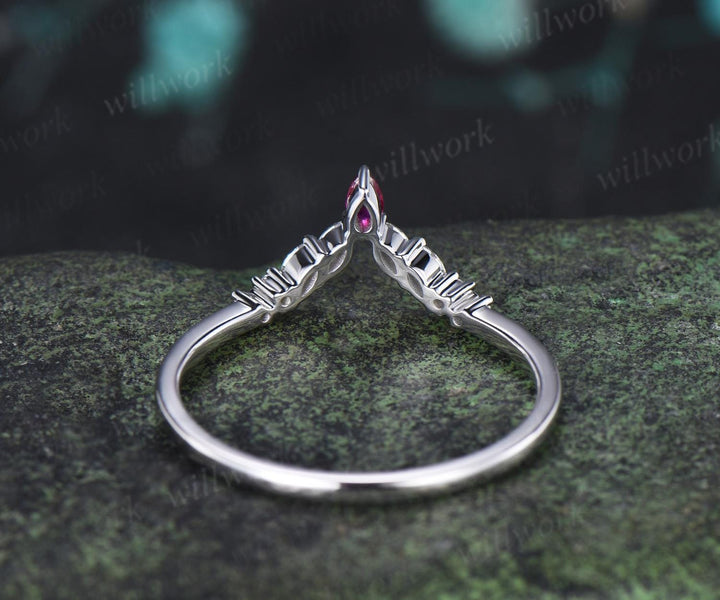Curved pear ruby wedding band 14k white gold marquise moissanite bridal ring women stacking bridal anniversary ring women gift